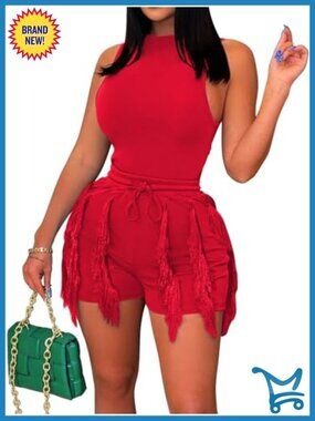 Sexy Fringe Shorts 2 Piece Pant Set Tank Crop Top Tassel Romper Club Party